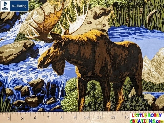 Lamp Shade Upholstered Fabric, Moose Illustration, Waterfall Detail