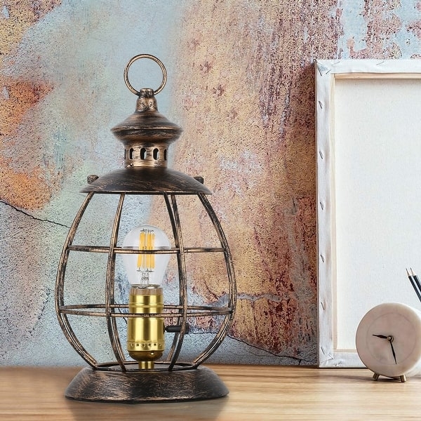 Lantern Table Lamp Antique Bronze with Open Metal Cage Shade
