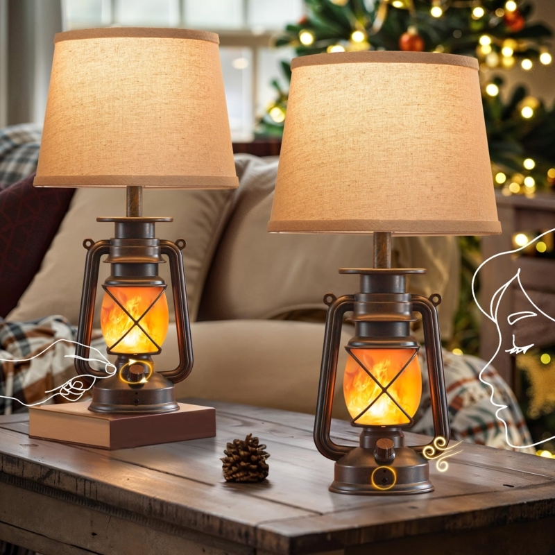 Lantern Table Lamp Set with Blow-Controlled Flickering Flame