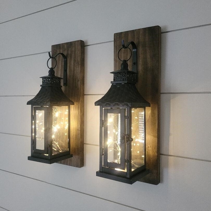 Lantern Wall Sconce: Wood Plaque Mount with Fairy Lights Set