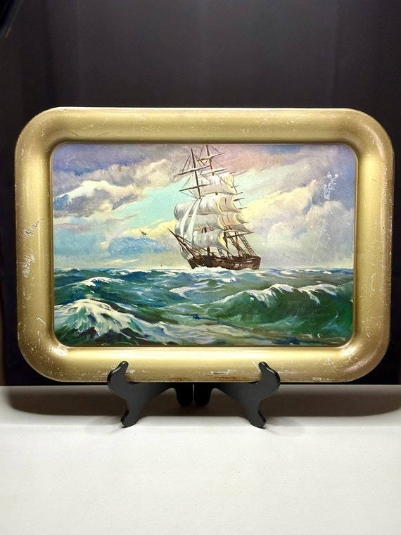Lap Tray Vintage Schooner Artwork Distressed Gold Metal Mid Century