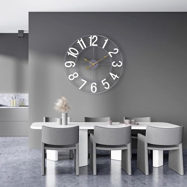 Large Analog Wall Clock with White Stencil Numerals and Open Frame
