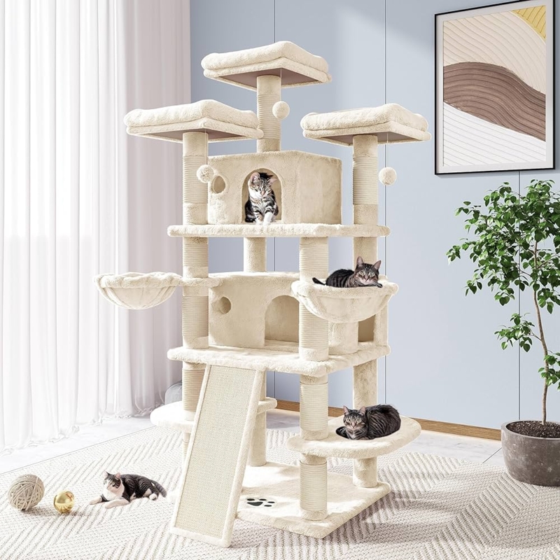 Large Cat Tower Climbing Ramp Beige Plush Side Hammocks Condos