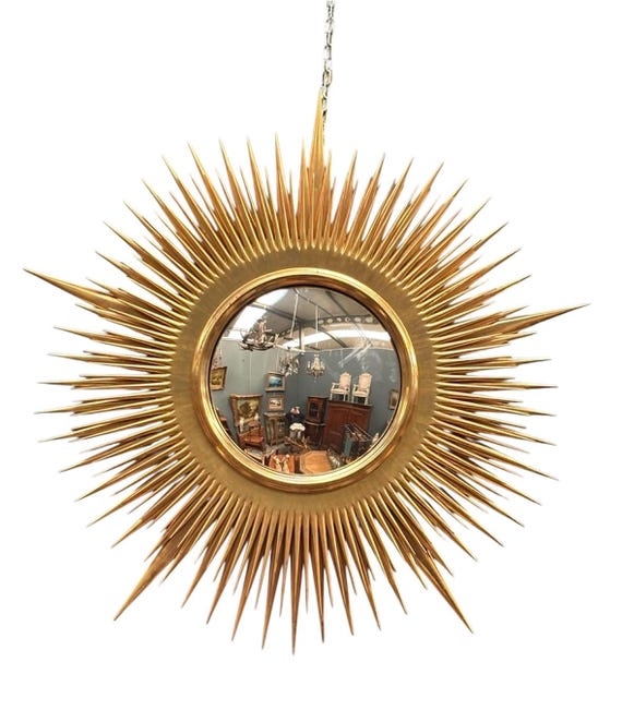 Large Convex Sunburst Mirror: Gold Gilt Finish with Tapered Points