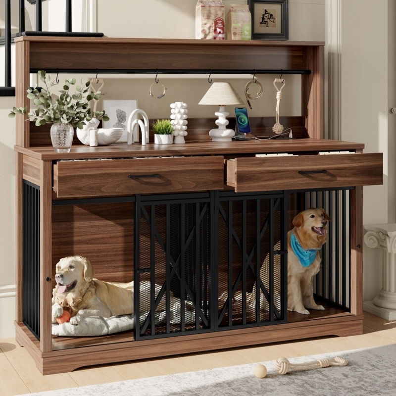 Large Dog Crate Furniture Console Integrated Hutch Utility Hanging Bar