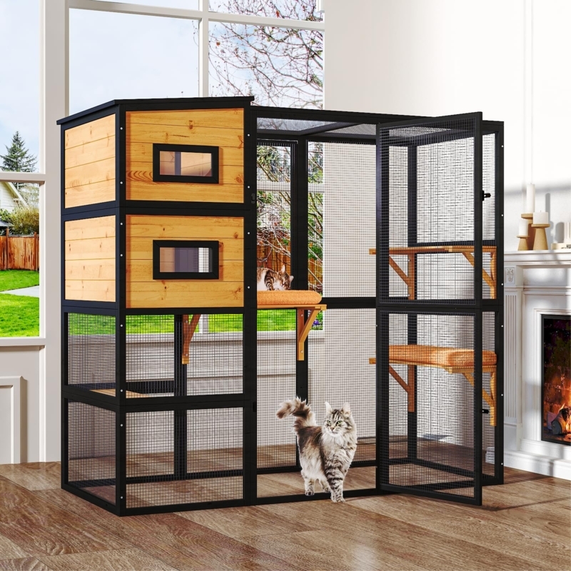 Large Indoor Catio Enclosure Black Mesh with Oak Resting Rooms