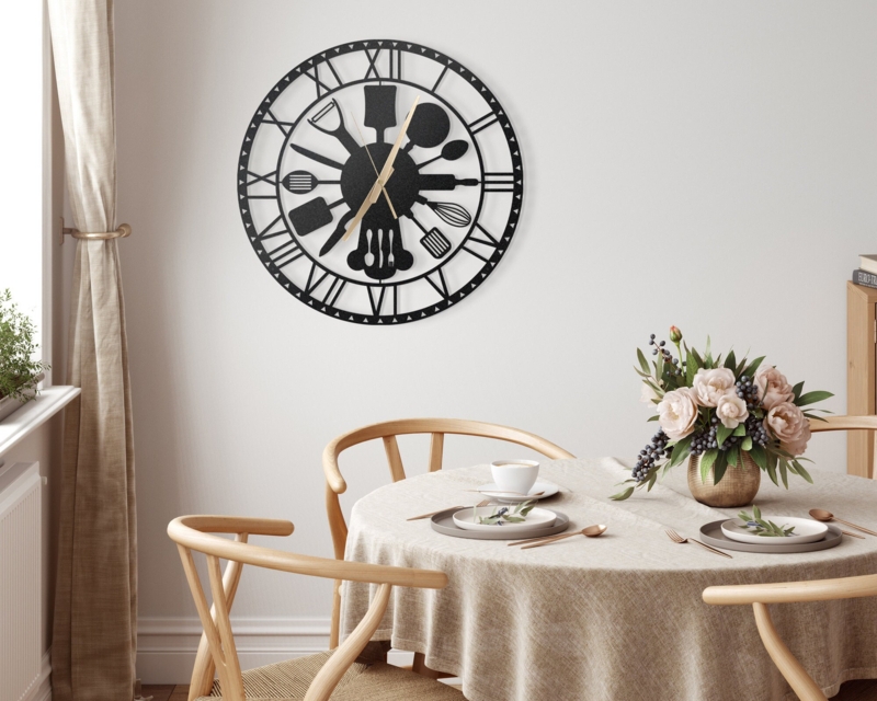 Large Kitchen Wall Clock with Oversized Cutout Utensil Motif in Metal