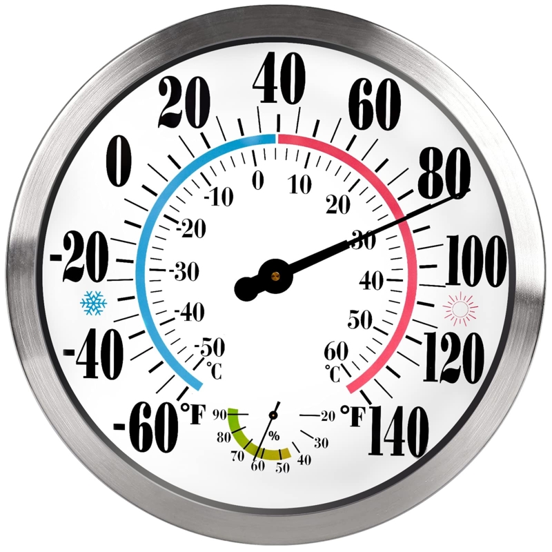 Large Number Outdoor Thermometer Brushed Metal Frame Hygrometer Patio