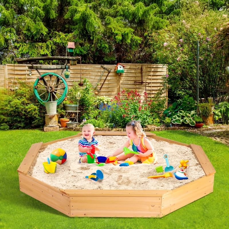 Large Octagonal Outdoor Sandbox in Natural Wood with Corner Bench Seating