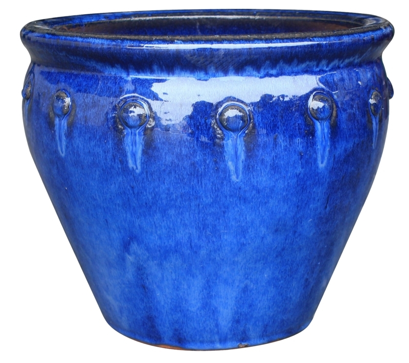 Large Planter, Embossed Studs, Glossy Cobalt Glaze, Tapered Body