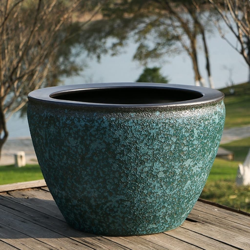 Large Planter, Textured Glaze, Charcoal Rim, Teal Green, Rustic Modern