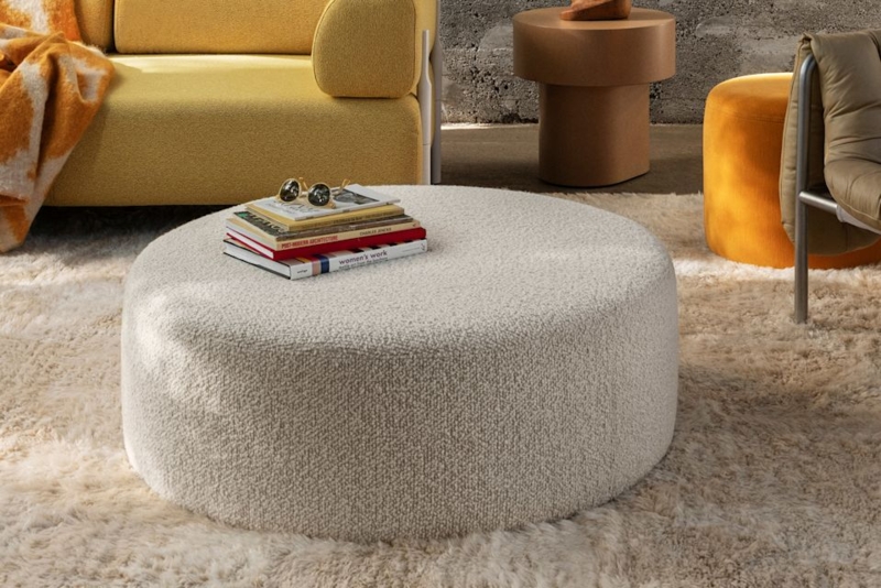 Large Round Pouf in Matte Boucle-Like Textured Fabric