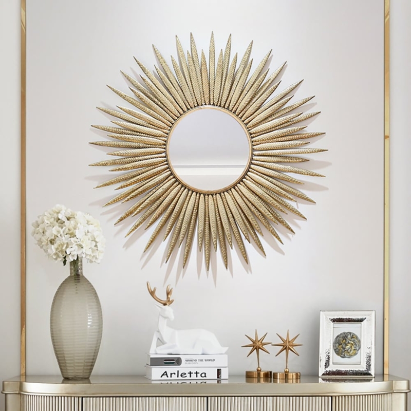 Large Sunburst Wall Mirror: Antique Gold with Feathered Texture Rays