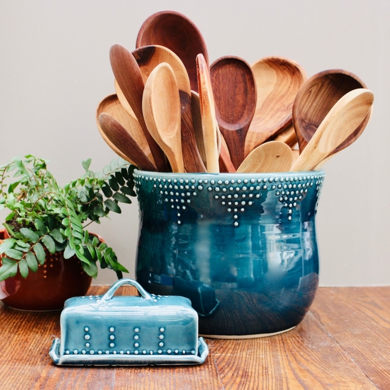 Large Teal Ceramic Utensil Crock with Raised Dot Detailing
