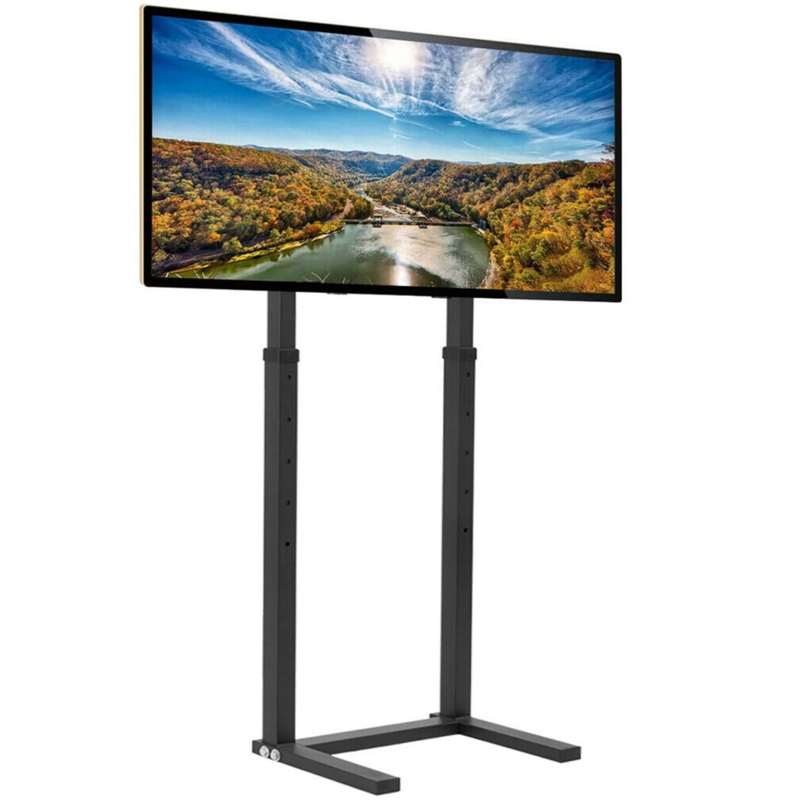 Large TV Floor Stand: Dual Leg Base, Industrial Studio Style, Matte Black.