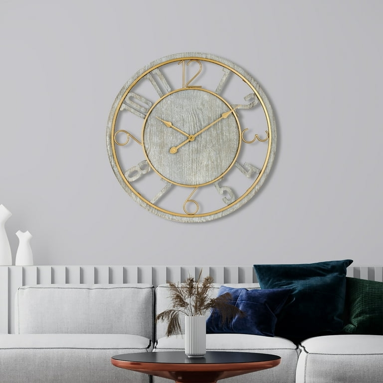 Large Wall Clock Weathered Gray Finish Open Cutout Design Gold