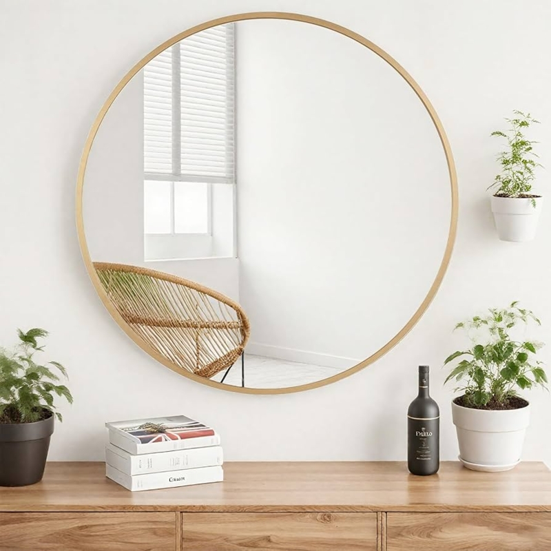 Large Wall Mirror, Thin Brushed Gold Frame, Scandi Minimalist Style