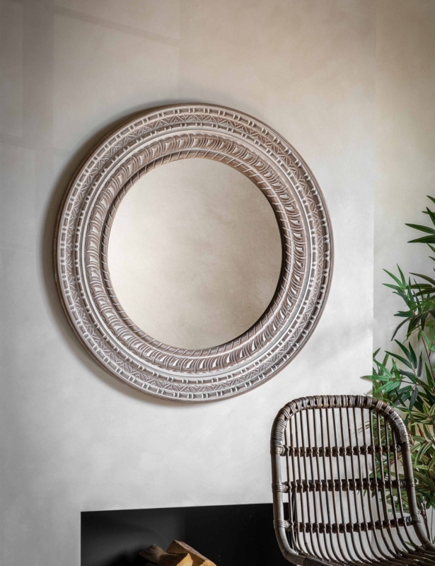 Large Wall Mirror with Whitewashed Finish & Concentric Carved Frame