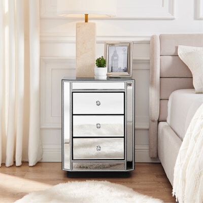 Latitude Run 3-Drawer Mirrored Nightstand Bedside Table, Modern End Side  Table, Mirrored Nightstand, Mirrored Side