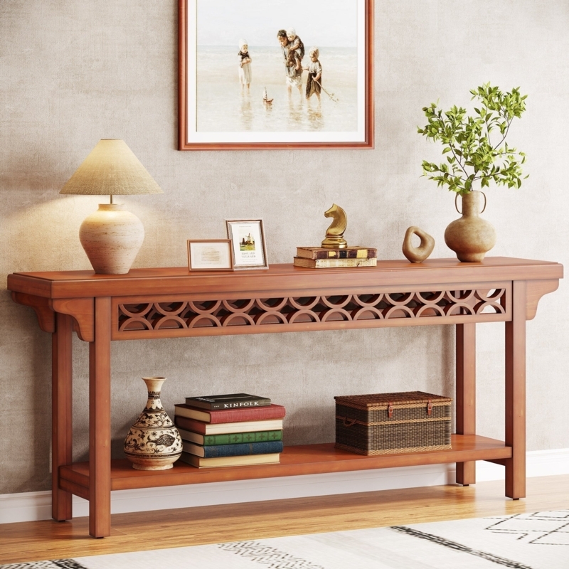 Lattice Apron Sofa Table with Circular Cutouts, Long Farmhouse Style