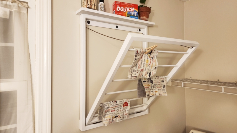 Laundry Drying Rack: Farmhouse White Wall Mount Folding Frame with Shelf.