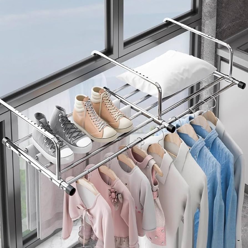 Laundry Drying Rack: Polished Chrome Window Mounted Multi-Tier Folding.