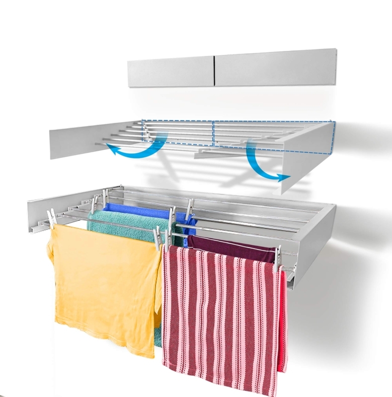 Laundry Drying Rack: Wall Mounted Retractable Arms, White & Silver Finish.
