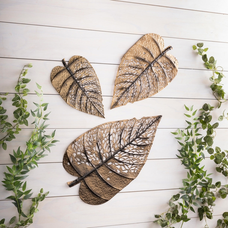 Leaf Wall Decor Set: Antique Gold Metal with Filigree Cutouts