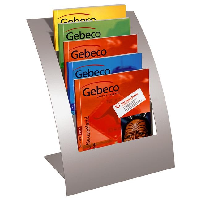Leaflet Holder with 5-Tier Staggered Design, Curved Metallic Gray Stand