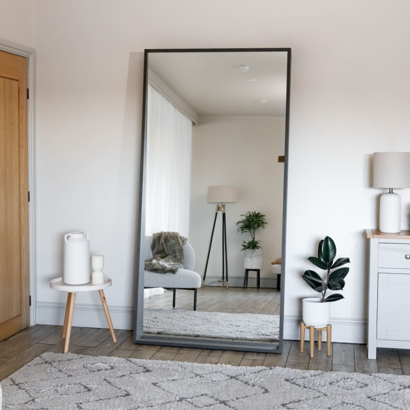 Leaner Mirror Black Oak Wood Grain Rectangle Oversized Scandinavian Style