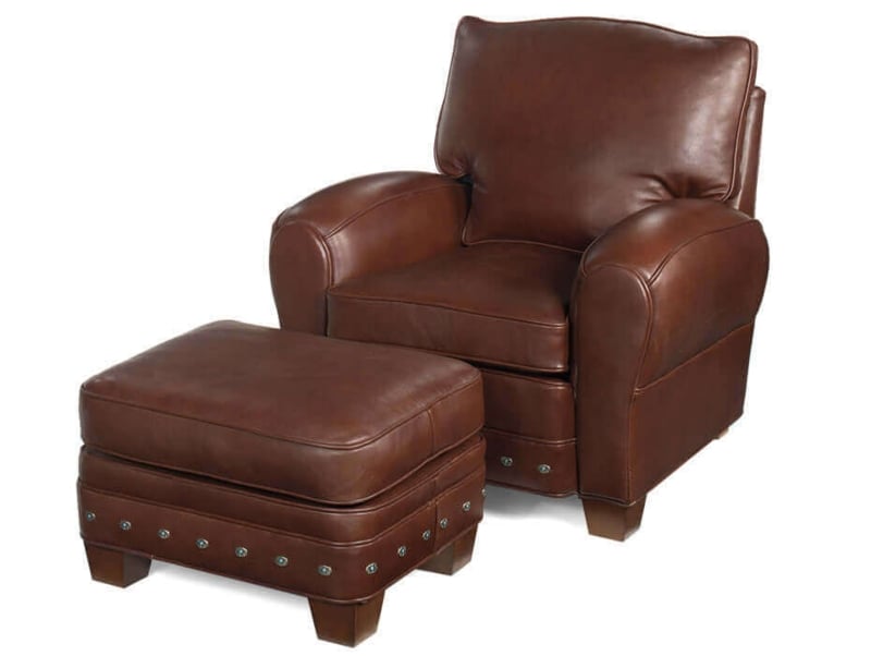 Leather Armchair with Ottoman and Nailhead Trim Rolled Arms