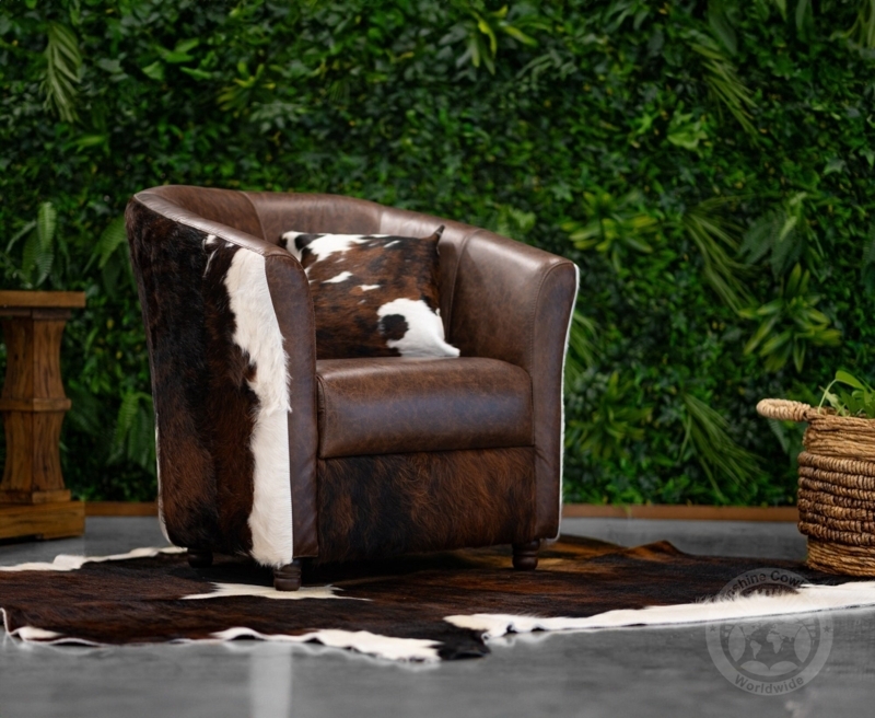 Leather Barrel Chair On Cowhide Accents - Western Style - Brown