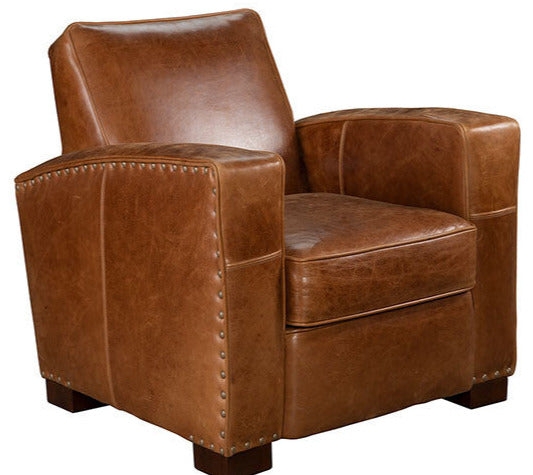 Leather Club Chair: Wide Track Arms, Distressed Finish. Library Seating.