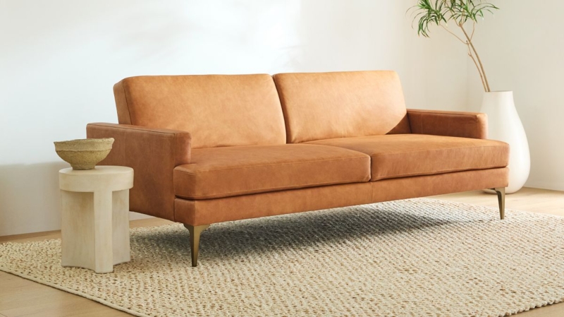 Leather Futon Sofa with Tapered Brass Legs and Slim Track Arms