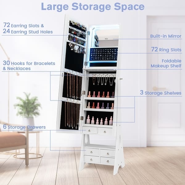 LED Jewelry Armoire Featuring Foldable Makeup Shelf