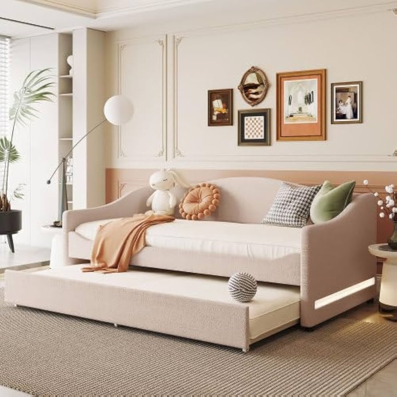 LED Lit Daybed with Curved Backrest and Velvet Texture
