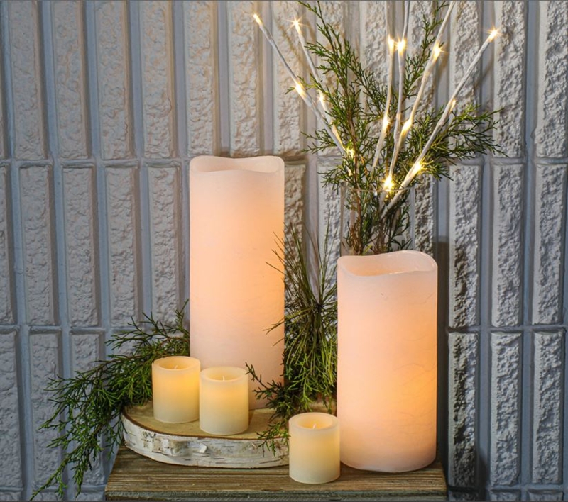 LED Pillar Candles Lighted Branches, Wavy Top, Rustic Winter Mantel Decor