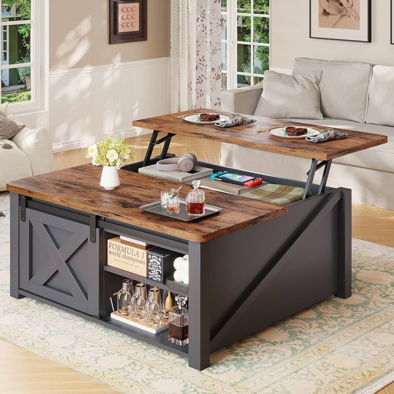 Lift Top Coffee Table Sliding Barn Door Split Top Farmhouse Storage