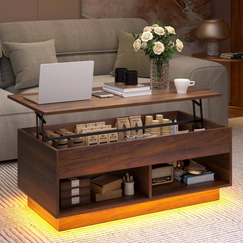 Lift Top Coffee Table with LED Lighting and Walnut Finish