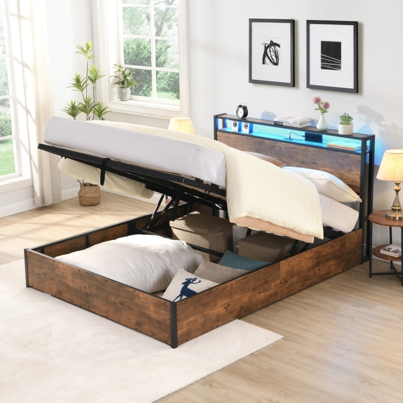 Lift Up Storage Bed Frame, Full Size Bed Frame With Bookcase Headboard &  Led Lights, Wooden Platform Bed Frame With Charging Station, No Spring Box  ...
