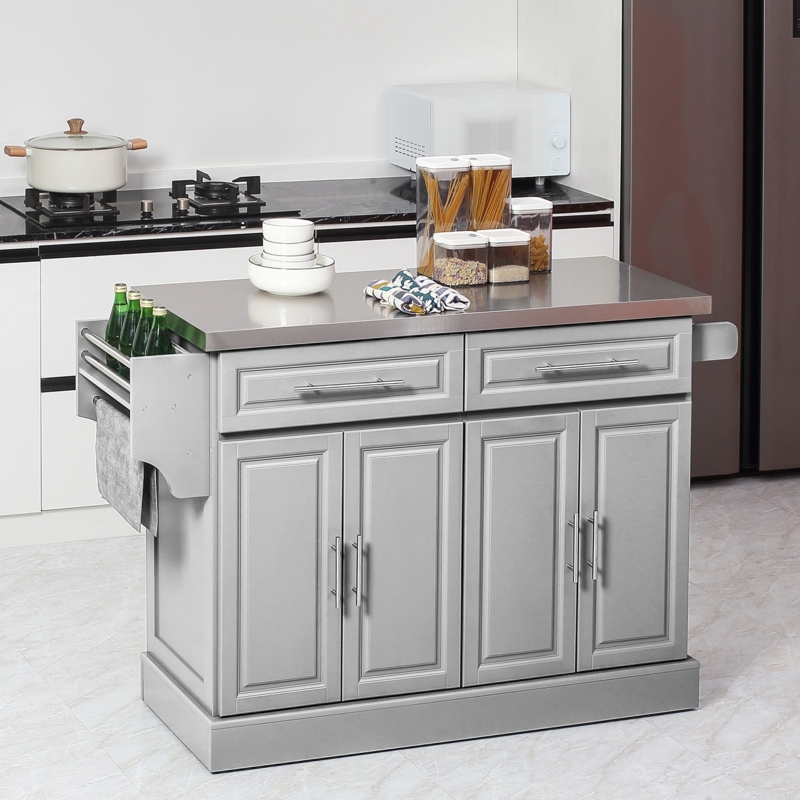 Light Grey Rolling Kitchen Island Shaker Panels Spice Rack