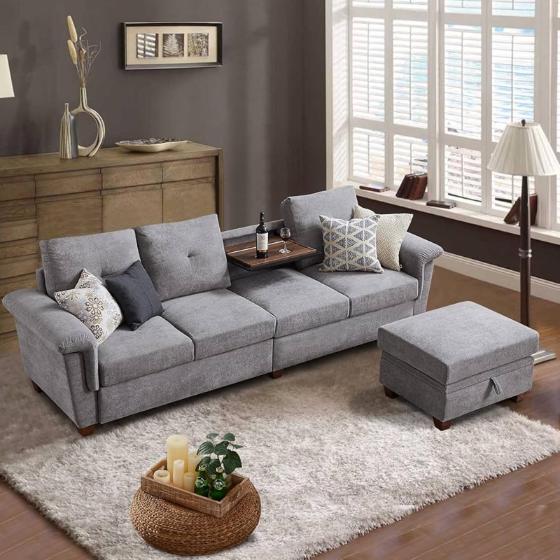 Light Grey Sectional Sofa with Fold-Down Tray and Storage Ottoman