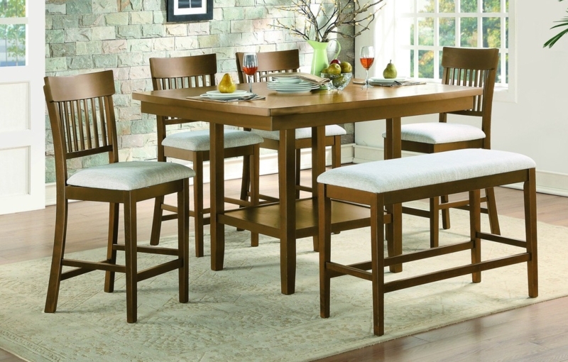 Light Oak Dining Set with Bench Storage Shelf Slat Back Chairs