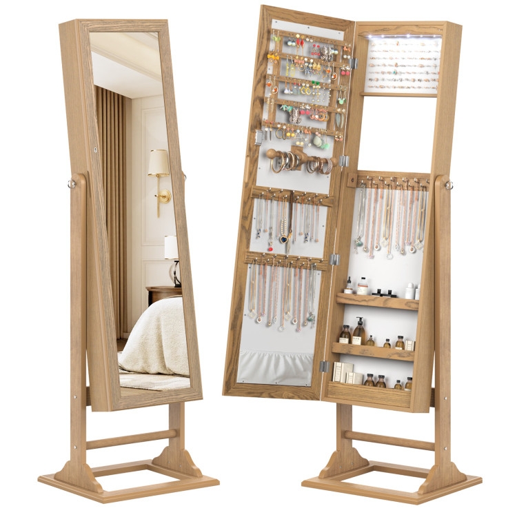 Light Oak Jewelry Storage Mirror with Integrated LEDs
