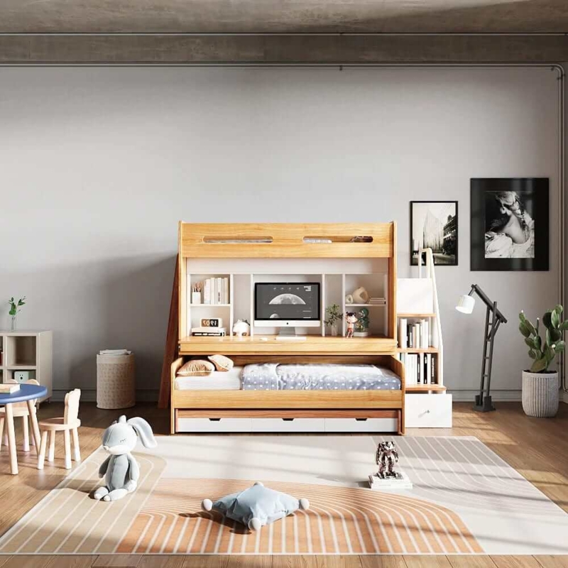 Light Oak Loft Bed with Workstation Integration and Stairs