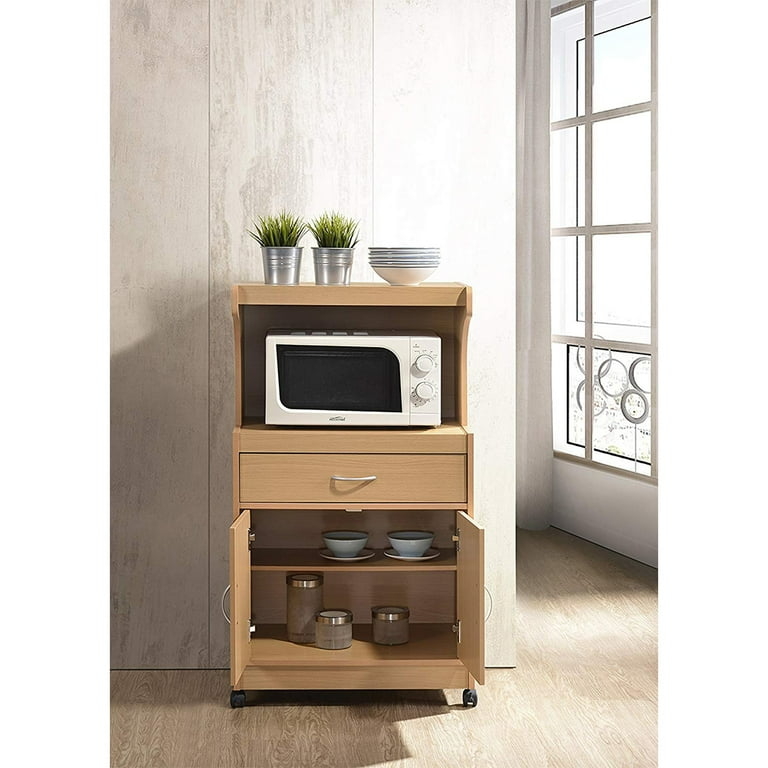 Light Oak Microwave Cabinet with Curved Silver Handle