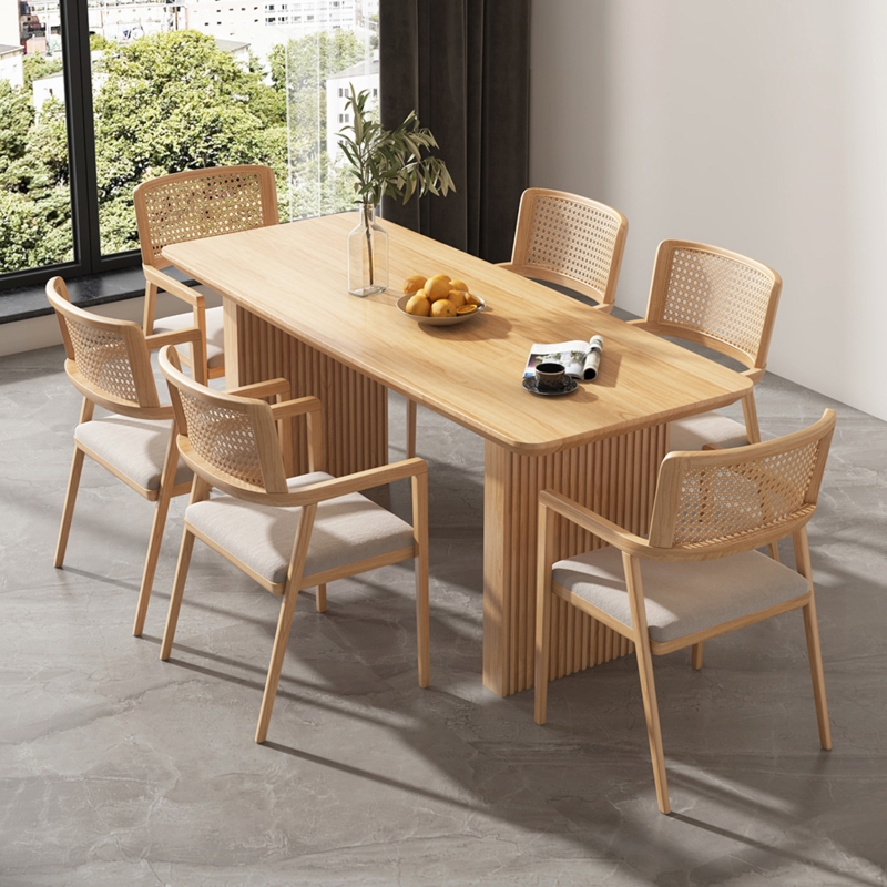 Light Oak Ribbed Pedestal Dining Table Set with Cane Back Chairs