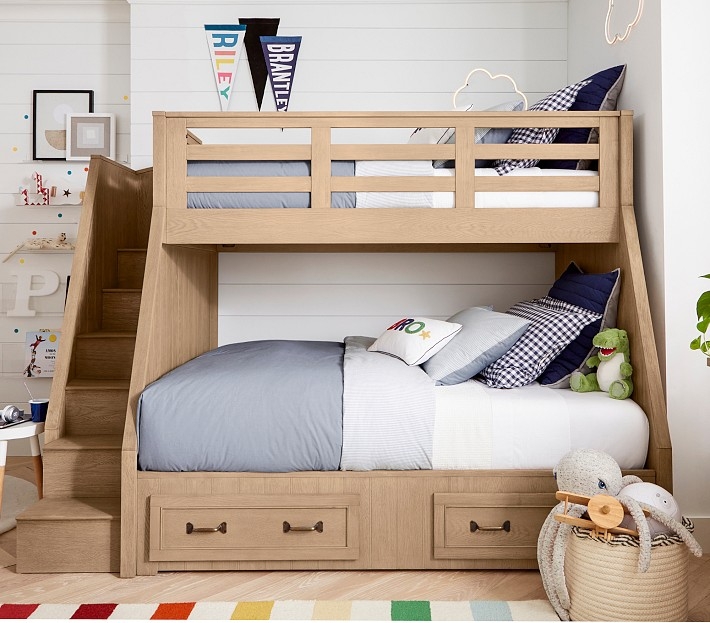 Light Oak Twin Over Full Bunk Bed with Stairs Paneled Details