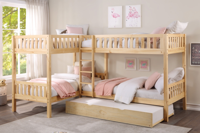 Light Wood L-Shaped Bunk Bed with Trundle and Quad Capacity