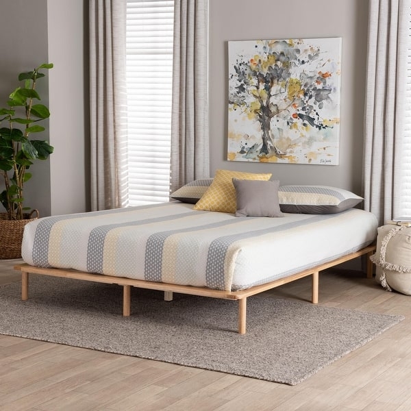Light Wood Platform Frame Multiple Support Legs Japandi Style